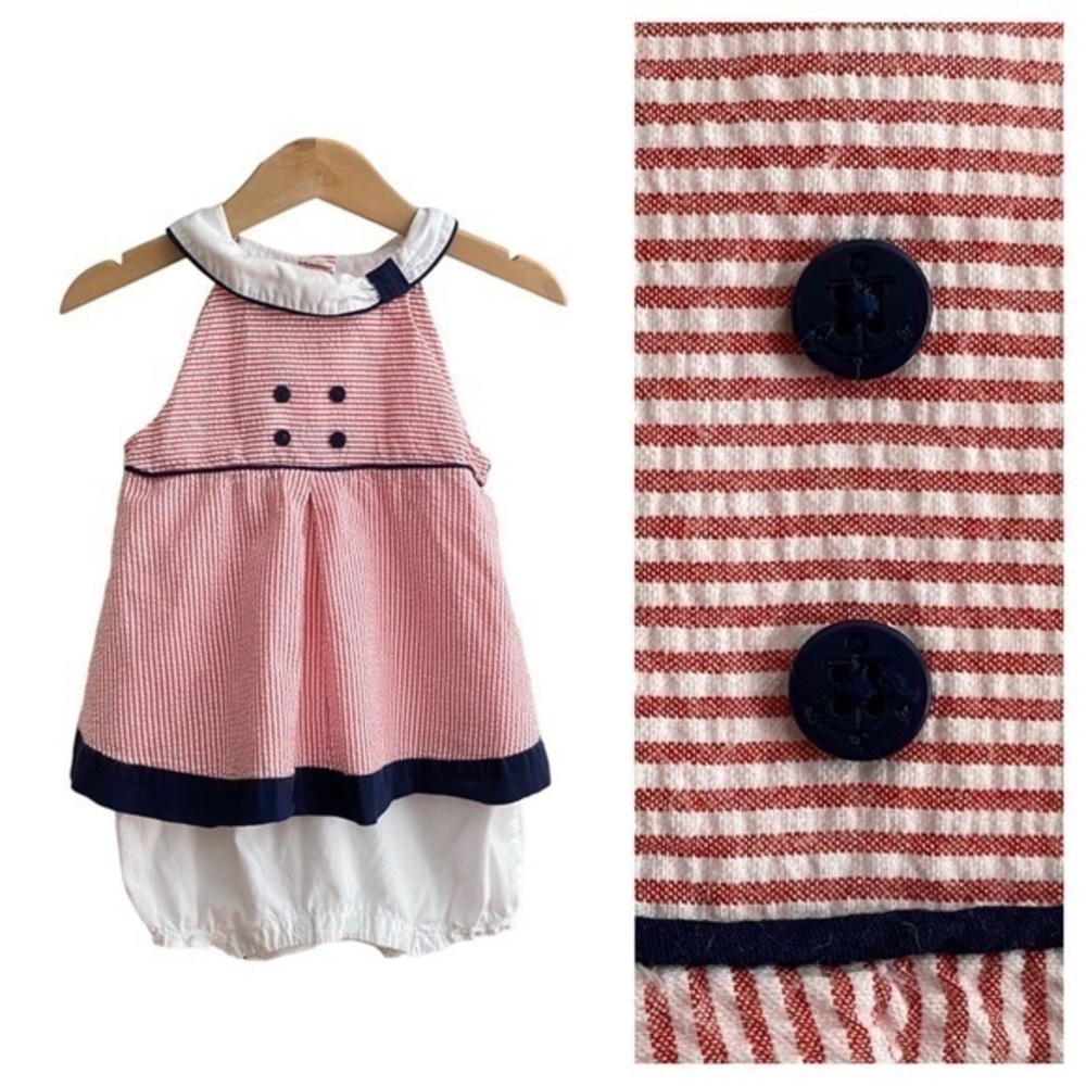 Janie and Jack Red White Blue Seersucker Sailor Bubble Romper Dress